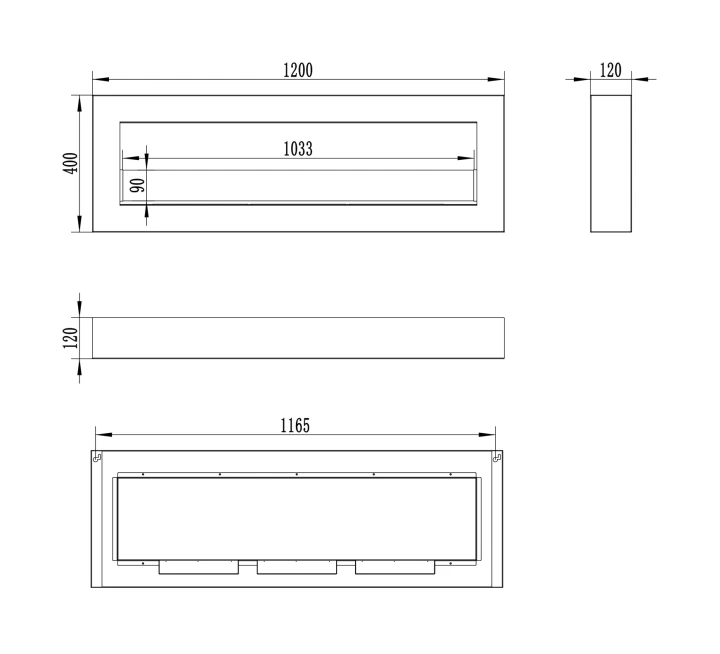 Biokominek wiszący z szybą 1200x400 Box czarny strukturalny mat