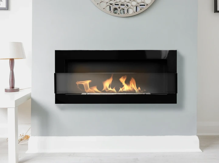 Biokominek wiszący z szybą 900x400 czarny połysk