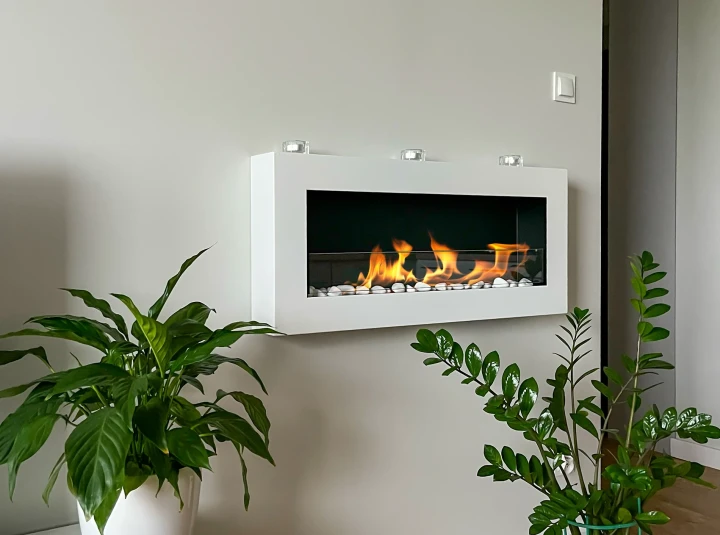 Biokominek wiszący z szybą 900x400 Box biały strukturalny mat