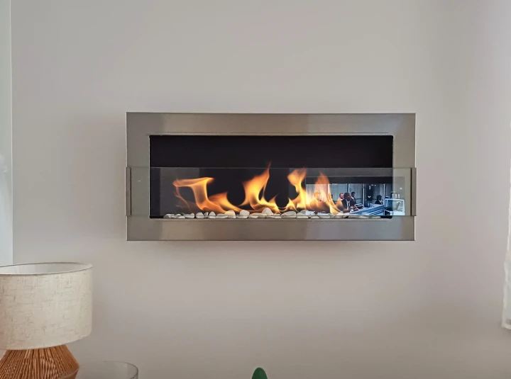 Biokominek wiszący z szybą 900x400 Inox