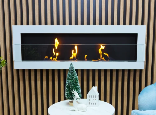 Biokominek wiszący z szybą 1200x400 biały połysk